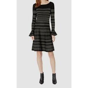 Taylor Black Knit Dress Silver Dot‎ Stripe Bell Sleeve A-Line Mini Size S